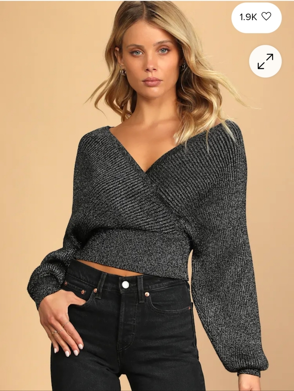 Lulus Holiday Wishes Black Sparkly Surplice Sweater Top Cropped Women's XS